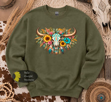 Load image into Gallery viewer, Sunflower & Feathered Western Aztec Steer Skull Sweatshirt