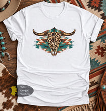 Load image into Gallery viewer, Leopard Steer Skull Turquoise Aztec Western T-Shirt