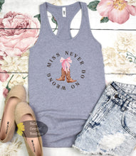 Load image into Gallery viewer, Miss Never Do No Wrong Boots And Bow Country Music Women's Tank Top