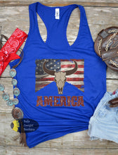 Load image into Gallery viewer, America Grunge Steer Skull American Flag Western Patriotic Women's Tank Top