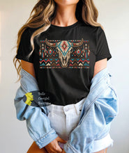 Load image into Gallery viewer, Aztec Boho Distressed Steer Skull T-Shirt