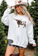 Load image into Gallery viewer, Longhorn Wrapped In Christmas Lights Western Christmas Sweatshirt