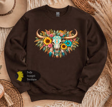 Load image into Gallery viewer, Sunflower & Feathered Western Aztec Steer Skull Sweatshirt