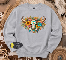 Load image into Gallery viewer, Sunflower & Feathered Western Aztec Steer Skull Sweatshirt