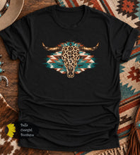 Load image into Gallery viewer, Leopard Steer Skull Turquoise Aztec Western T-Shirt