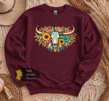 Load image into Gallery viewer, Sunflower & Feathered Western Aztec Steer Skull Sweatshirt