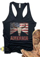 Load image into Gallery viewer, America Grunge Steer Skull American Flag Western Patriotic Women's Tank Top