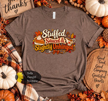 Load image into Gallery viewer, Stuffed Sauced & Slightly Unhinged Funny Thanksgiving Friendsgiving Dinner Party T-Shirt