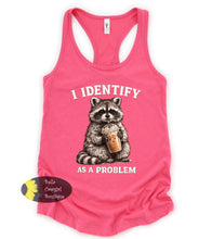 Load image into Gallery viewer, I Identify As A Problem Funny Raccoon Ice Coffee Women's Tank Top