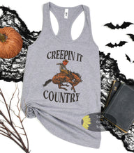 Load image into Gallery viewer, Creepin' It Country Halloween Bronc Riding Pumpkin Women's Tank Top
