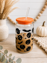 Load image into Gallery viewer, Jack O' Lantern Pumpkin & Bat Halloween Iced Coffee Glass Tumbler With Straw