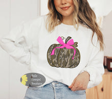 Load image into Gallery viewer, Camo Pumpkin With Pink Bow Halloween Sweatshirt