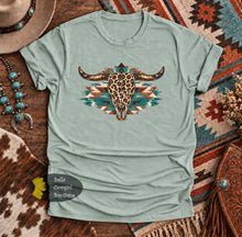 Load image into Gallery viewer, Leopard Steer Skull Turquoise Aztec Western T-Shirt