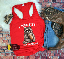 Load image into Gallery viewer, I Identify As A Problem Funny Raccoon Ice Coffee Women's Tank Top