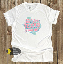 Load image into Gallery viewer, Turquoise & Pink She's From Texas I Can Tell Western Country Music Concert T-Shirt