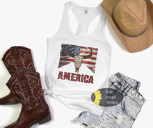 Load image into Gallery viewer, America Grunge Steer Skull American Flag Western Patriotic Women's Tank Top