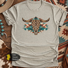 Load image into Gallery viewer, Leopard Steer Skull Turquoise Aztec Western T-Shirt