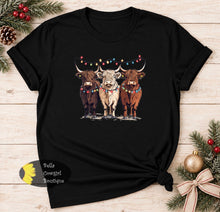 Load image into Gallery viewer, Festive Christmas Light Cows Western T-Shirt