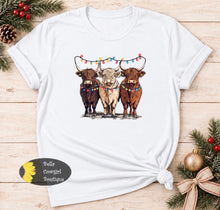 Load image into Gallery viewer, Festive Christmas Light Cows Western T-Shirt