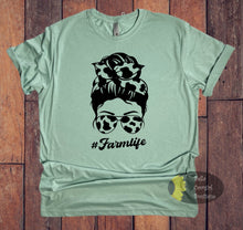 Load image into Gallery viewer, Cow Print Messy Bun Western #Farm Life T-Shirt