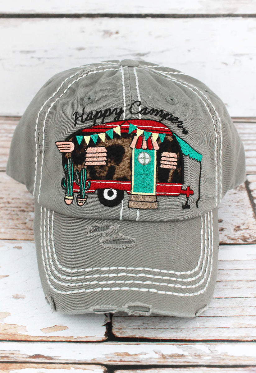 Leopard Happy Camper Steel Distressed Hat – Bella Cowgirl  display picture 1