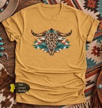 Load image into Gallery viewer, Leopard Steer Skull Turquoise Aztec Western T-Shirt
