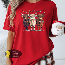 Load image into Gallery viewer, Highland Cow Western Christmas Lights T-Shirt
