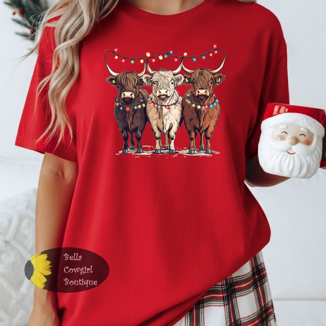 Highland Cow Western Christmas Lights T-Shirt