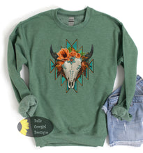 Load image into Gallery viewer, Aztec Floral Steer Skull Sweatshirt
