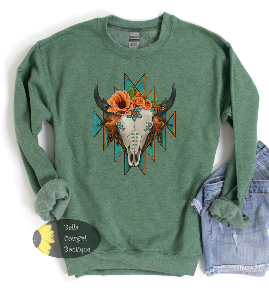 Aztec Floral Steer Skull Sweatshirt