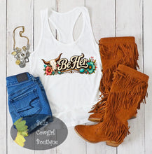 Load image into Gallery viewer, Be Her Steer Skull Turquoise Country Music Women's Tank Top
