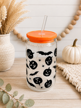 Load image into Gallery viewer, Jack O' Lantern Pumpkin &amp; Bat Halloween Iced Coffee Glass Tumbler With Straw
