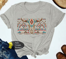 Load image into Gallery viewer, Aztec Boho Distressed Steer Skull T-Shirt
