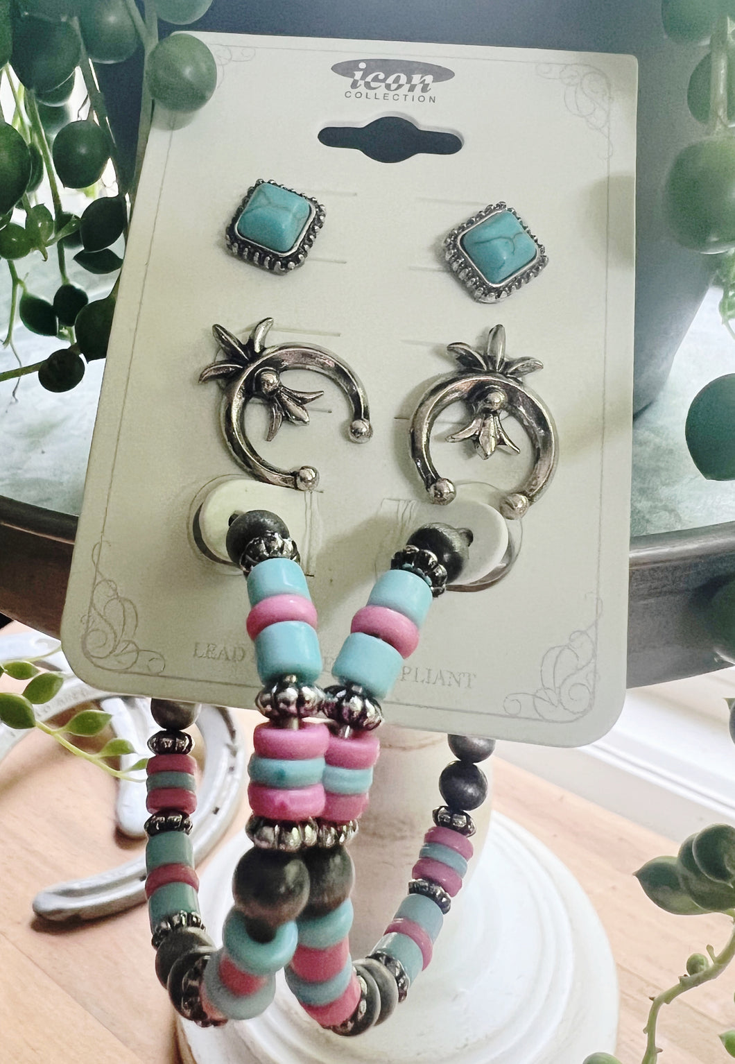 Pink And Turquoise Western 3 Peice Earrings Set