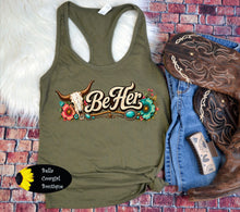 Load image into Gallery viewer, Be Her Steer Skull Turquoise Country Music Women's Tank Top
