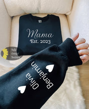 Load image into Gallery viewer, Personalized Mama Sweatshirt With Children Names And Date On Sleeve Christmas Gift For Mom Custom Mom Christmas Sweatshirt
