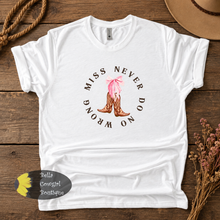 Load image into Gallery viewer, Miss Never Do No Wrong Boots And Bow Country Music T-Shirt
