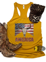 Load image into Gallery viewer, America Grunge Steer Skull American Flag Western Patriotic Women's Tank Top
