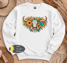 Load image into Gallery viewer, Sunflower &amp; Feathered Western Aztec Steer Skull Sweatshirt
