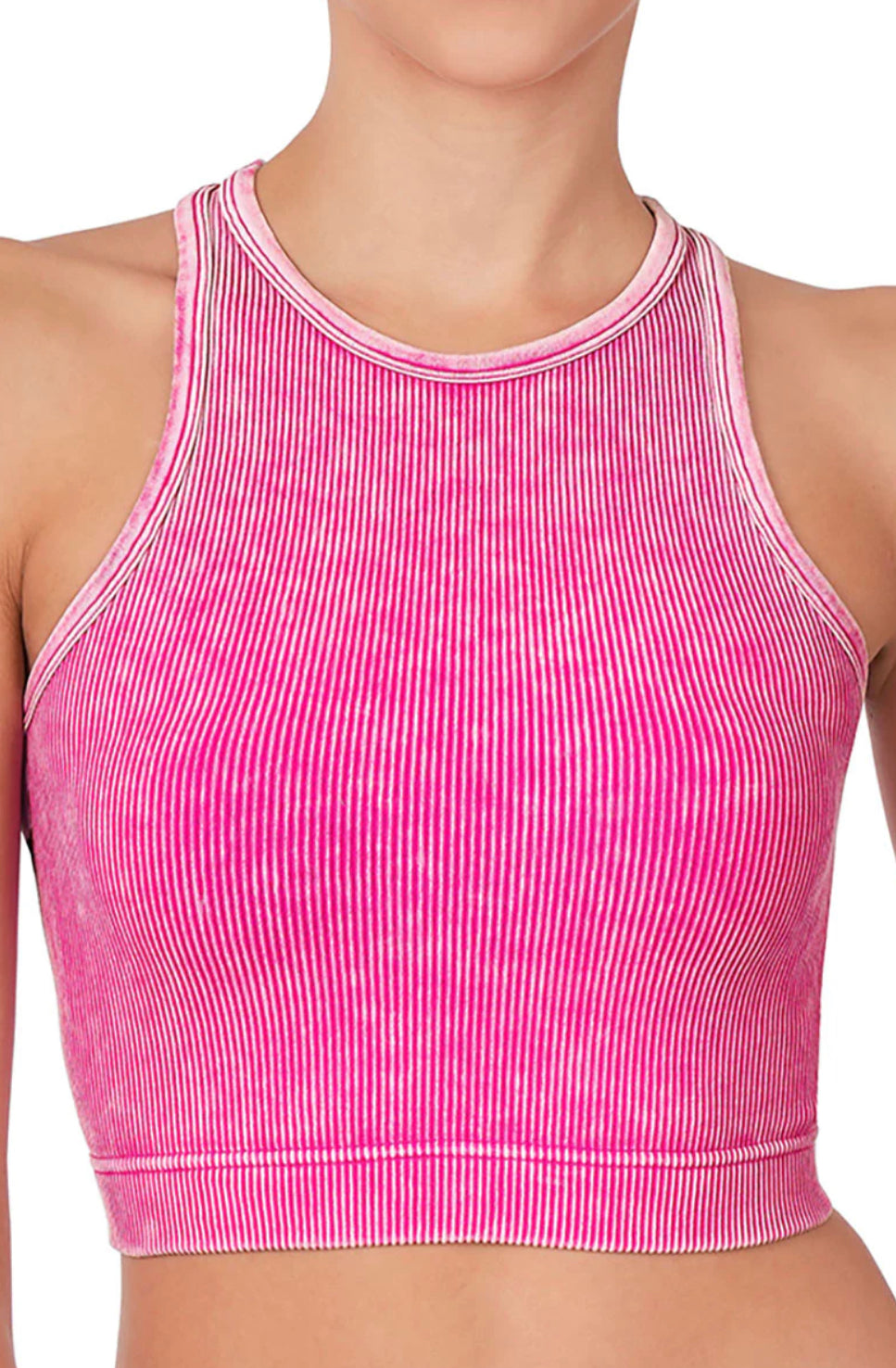 Neon Hot Pink Washed Ribbed Cropped Tank Top