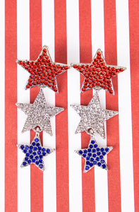 All American Crystal Star Trio July 4th Patriotic Earrings