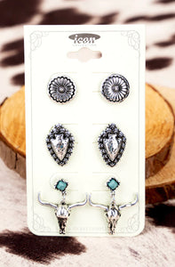 Turquoise Steer Skull Arrowhead Western Earring 2 Pair Set