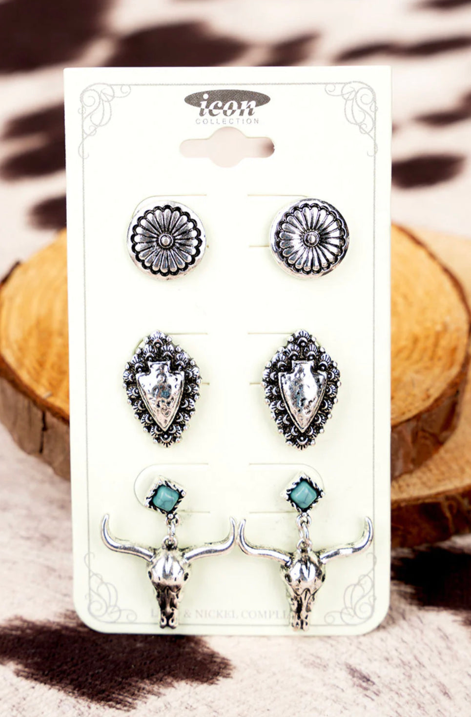 Turquoise Steer Skull Arrowhead Western Earring 2 Pair Set