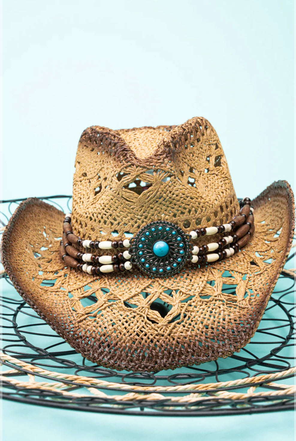 Beaded Concho Straw Western Cowgirl Hat