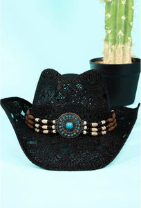 Austin Adventure Turquoise Concho Black Straw Western Cowgirl Hat