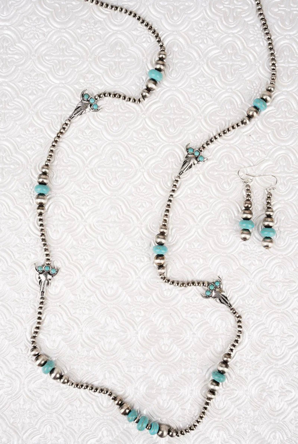 Turquoise Silver Pearl Steer Skull Western Necklace And Earrings Set