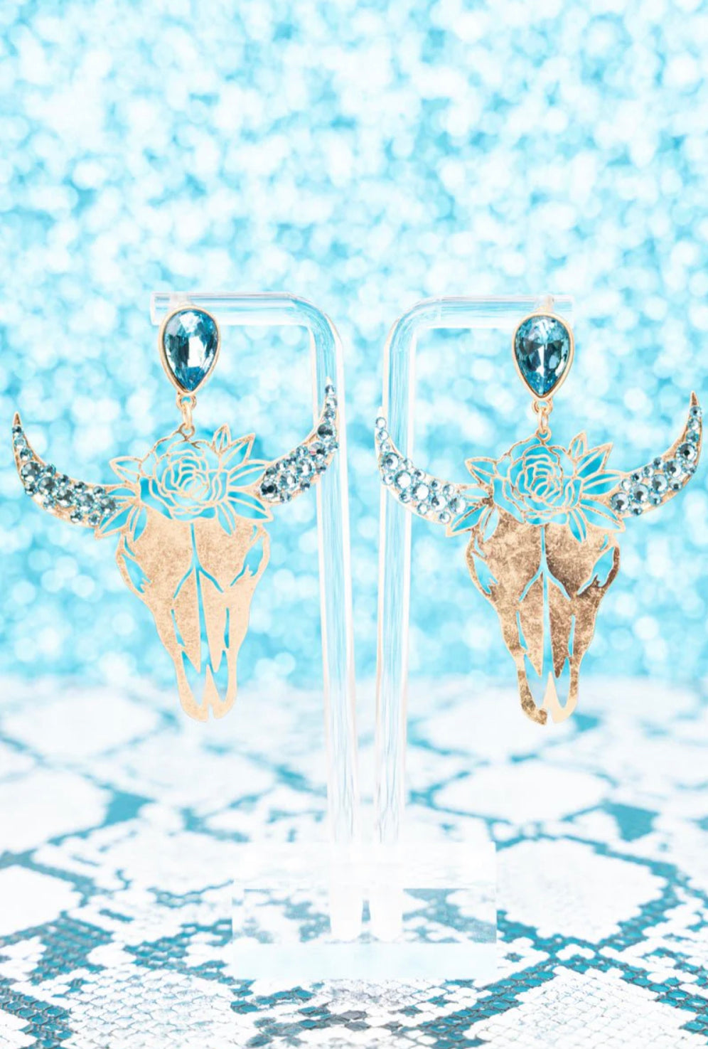 Turquoise Crystal Steer Skull Western Earrings