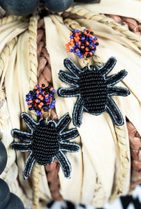 Black Seed Bead Spider Halloween Earrings
