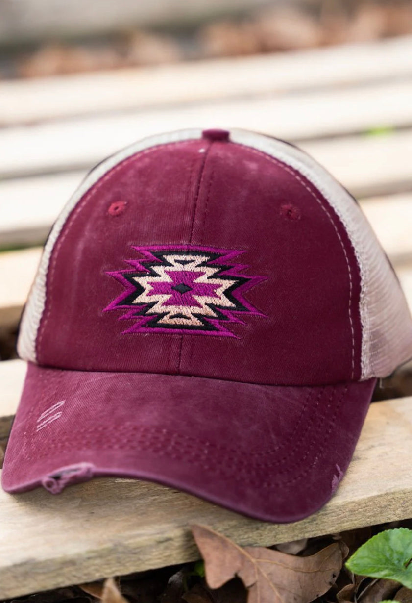 Los Lunes Aztec Southwestern Distressed High Pony Hat - Red Wine
