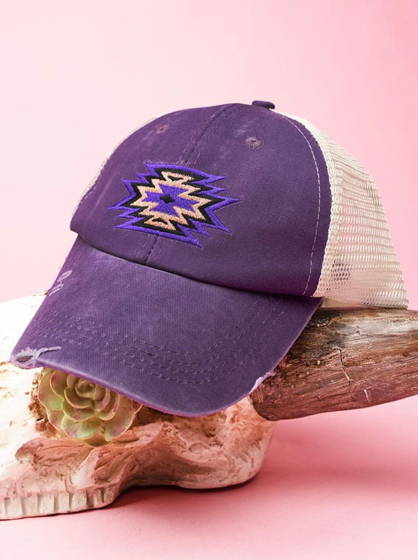 Los Lunes Aztec Southwestern Distressed High Pony Hat - Purple